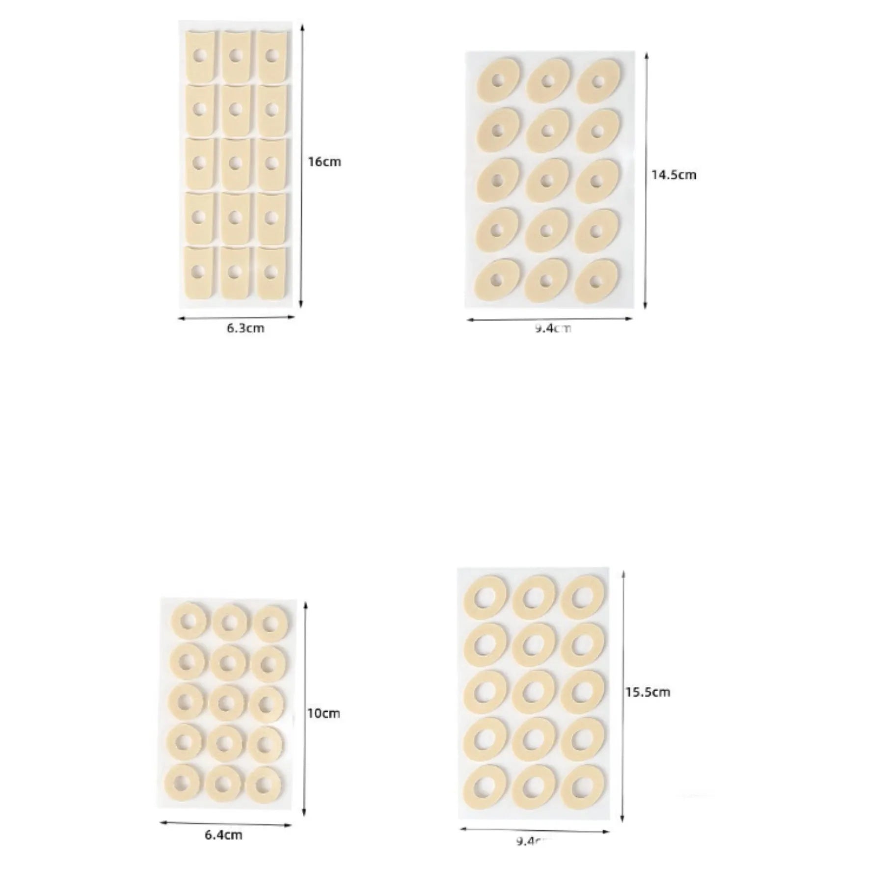 Pack of women's lightweight PU heel corn protector pads showing large oval, small oval, U-shaped, and circular section shapes.