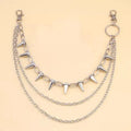 Silver metal double layer pants chain with rivet details and a zipper pendant ornament.