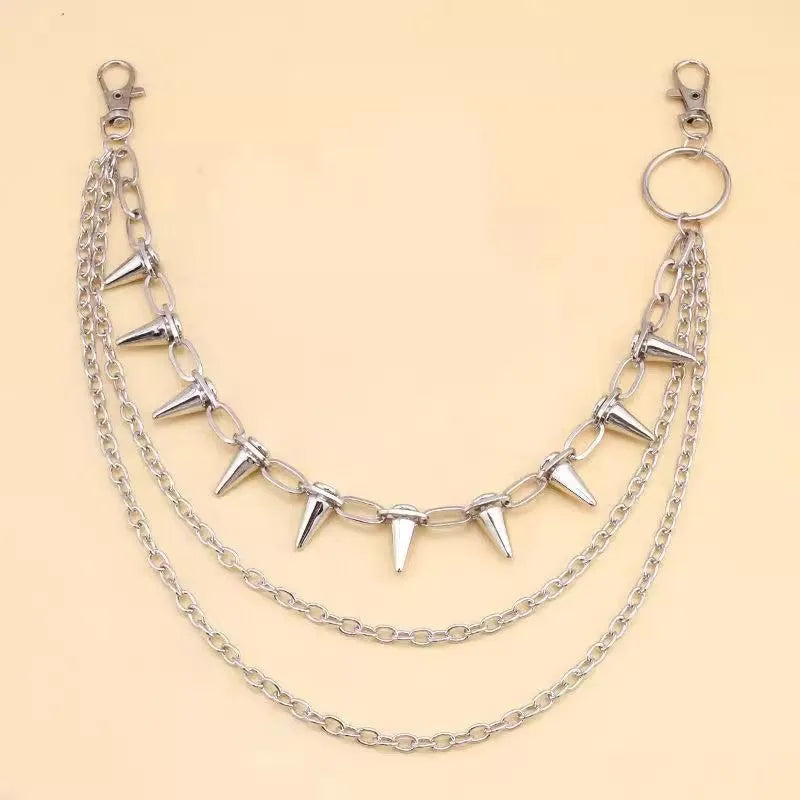 Silver metal double layer pants chain with rivet details and a zipper pendant ornament.