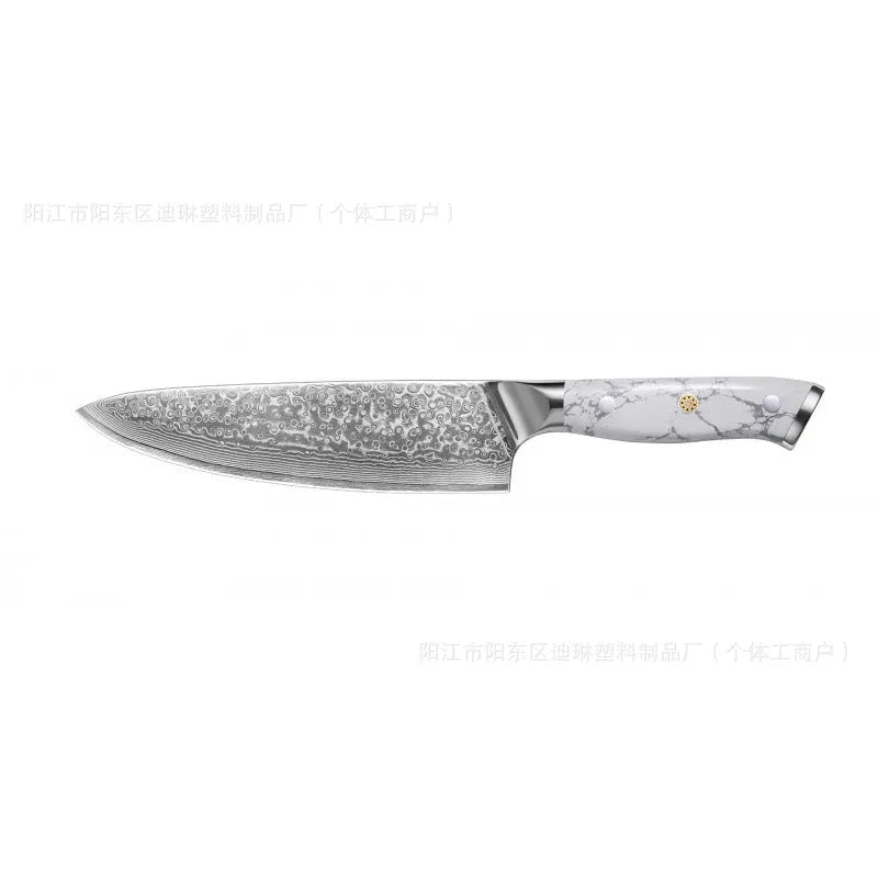 Damascus pattern VG10 steel combined chef's knife with 21cm blade on wooden surface