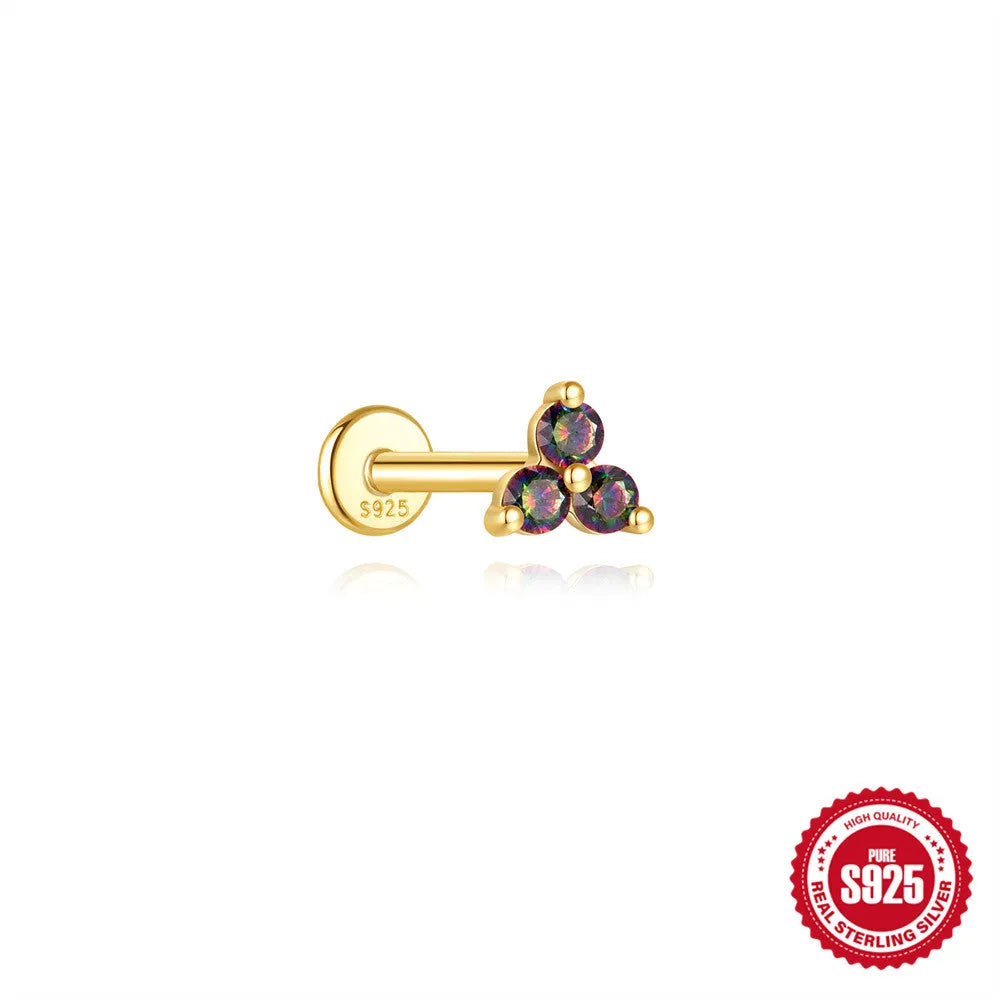 S925 sterling silver flat head thread piercing with a shiny rainbow stone in a gold setting.