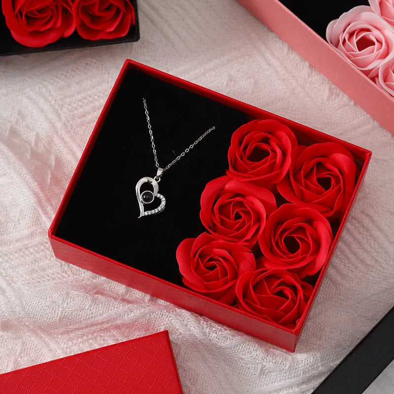 Red soap flower rose gift box set with decorative handbag for Valentine's Day.
