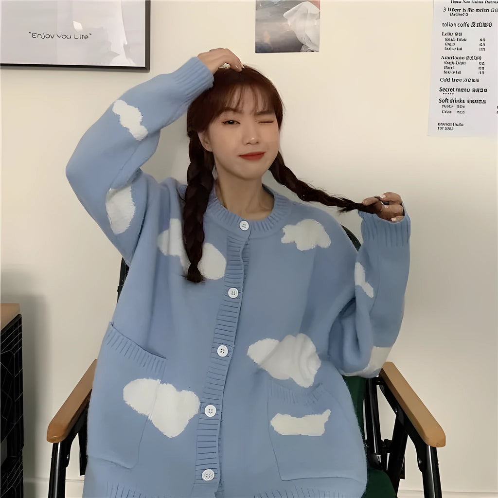 Blue cloud pattern women's spandex cardigan sweater with loose fit and regular sleeves