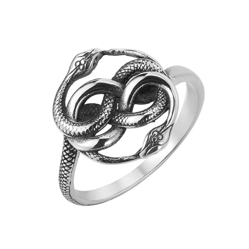 Steel colour titanium steel double snake retro ring on finger showing intricate snake design