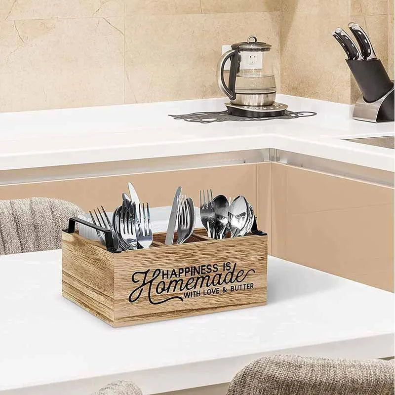 Wooden kitchen cutlery storage box with grid divider in modern minimalist design