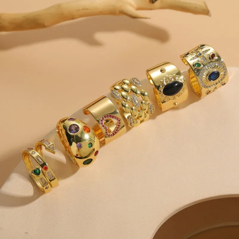Vintage geometric copper ring with Chinese-style zircon accents and black electroplated finish