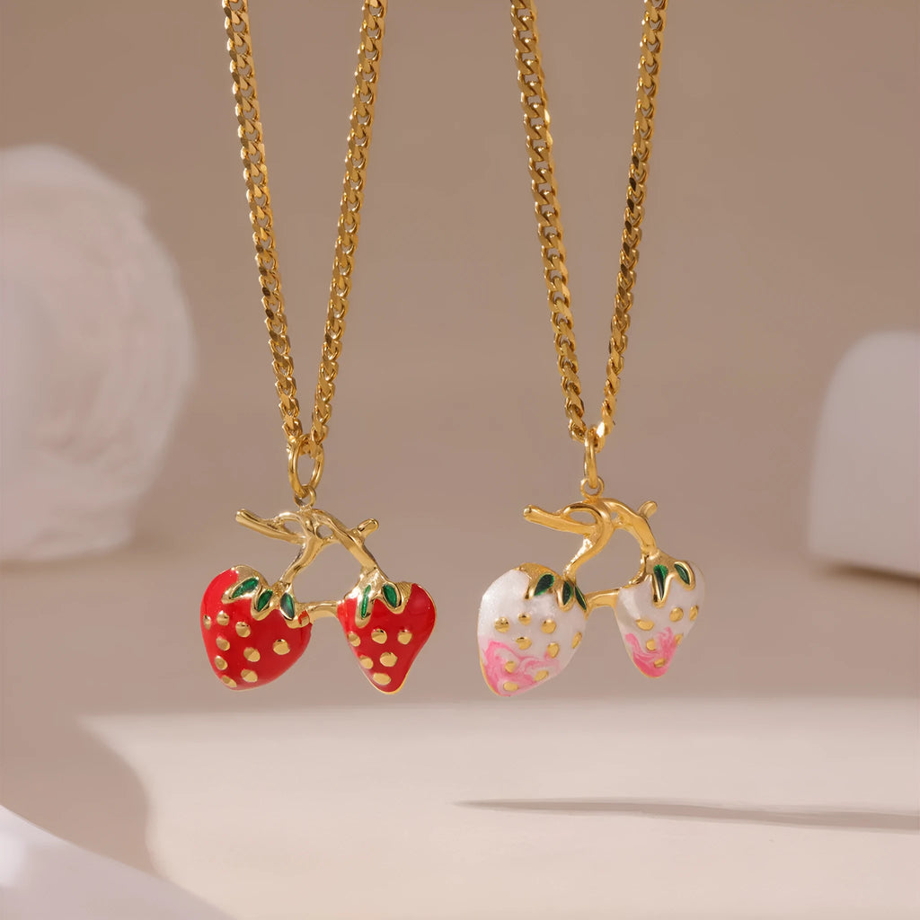 Stainless steel strawberry fruit pendant necklace in red or white gradient colour