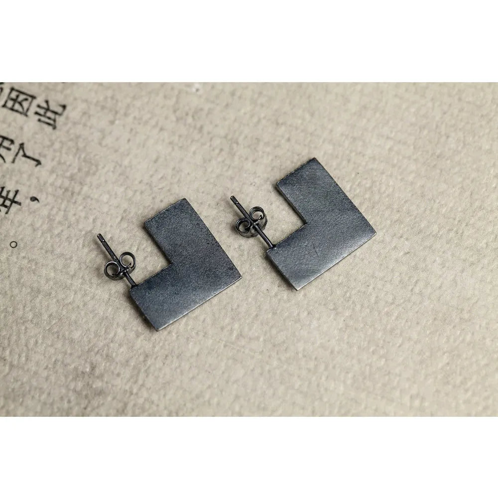 Sterling silver geometric square earrings with oxidised black finish