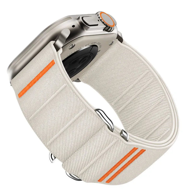 Elastic nylon Apple Watch band with stainless steel buckle in various colour options