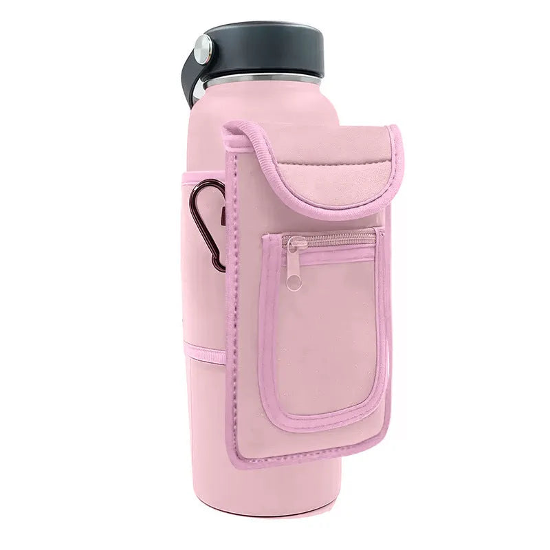 Cloth fitness bottle sleeve with magnetic closure and carabiner option in multiple colours