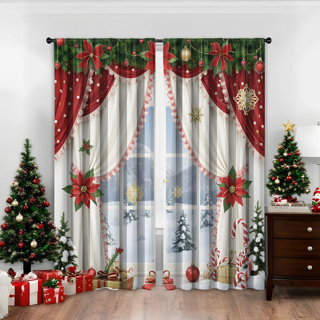 Pair of 3D printed Christmas pattern curtains in polyester fabric on a window.