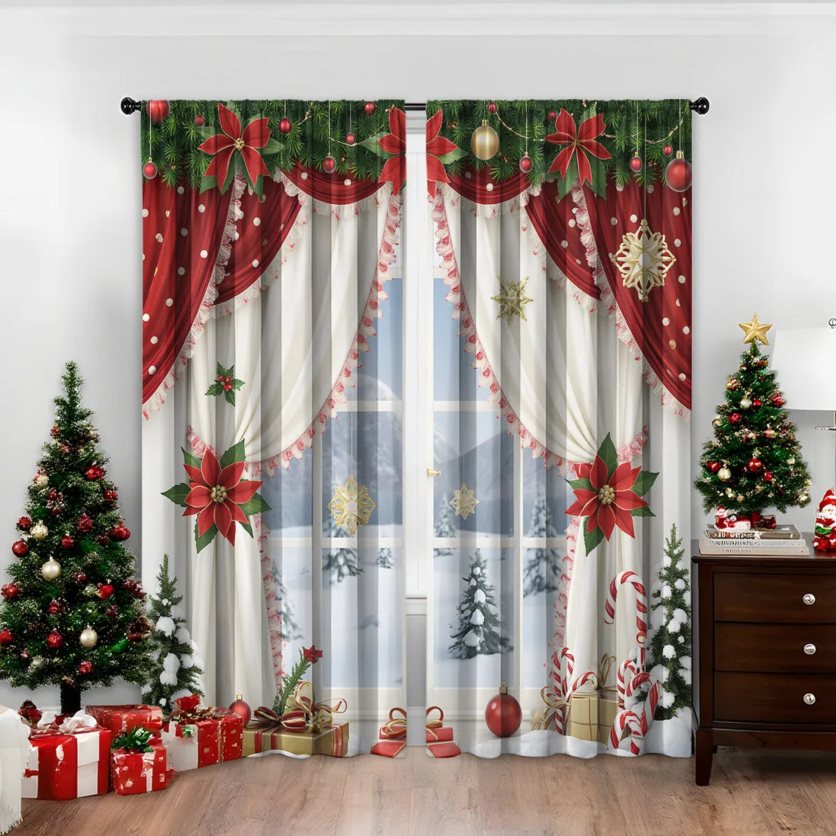 Pair of 3D printed Christmas pattern curtains in polyester fabric on a window.