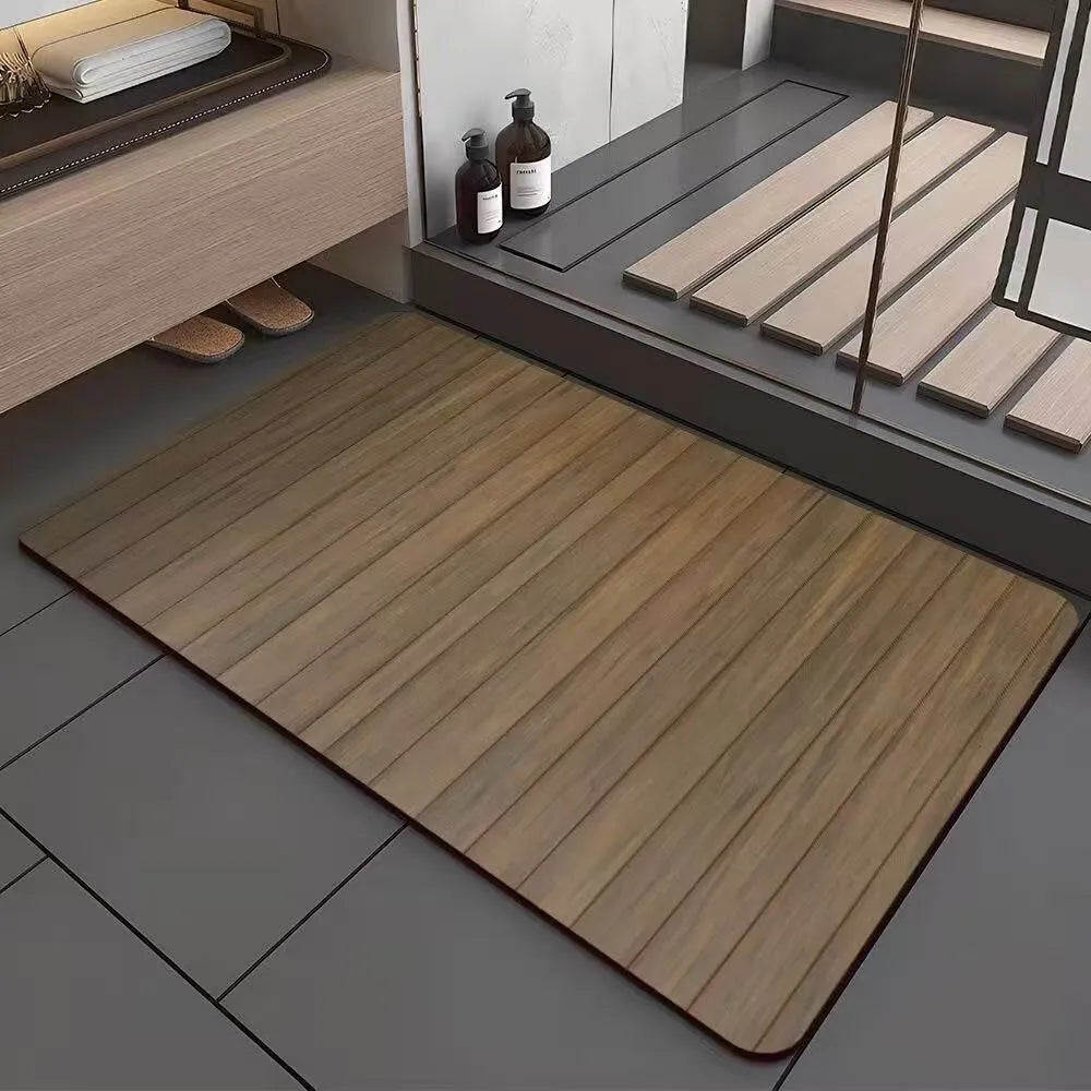 Square diatomite bathroom floor mat with geometric wood grain pattern, shown in a washroom setting.