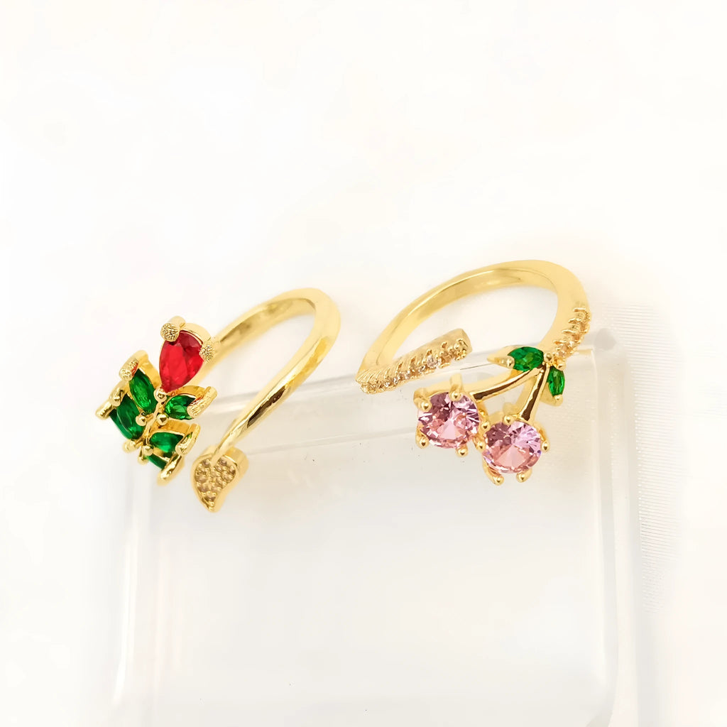 Copper gold plated adjustable ring with micro inlaid leaf design or pink geometric pattern