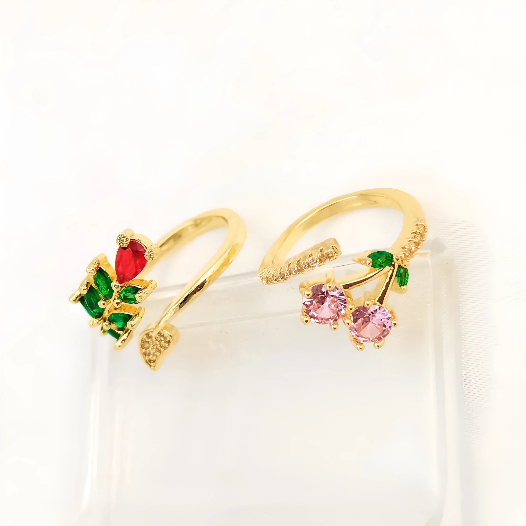 Copper gold plated adjustable ring with micro inlaid leaf design or pink geometric pattern