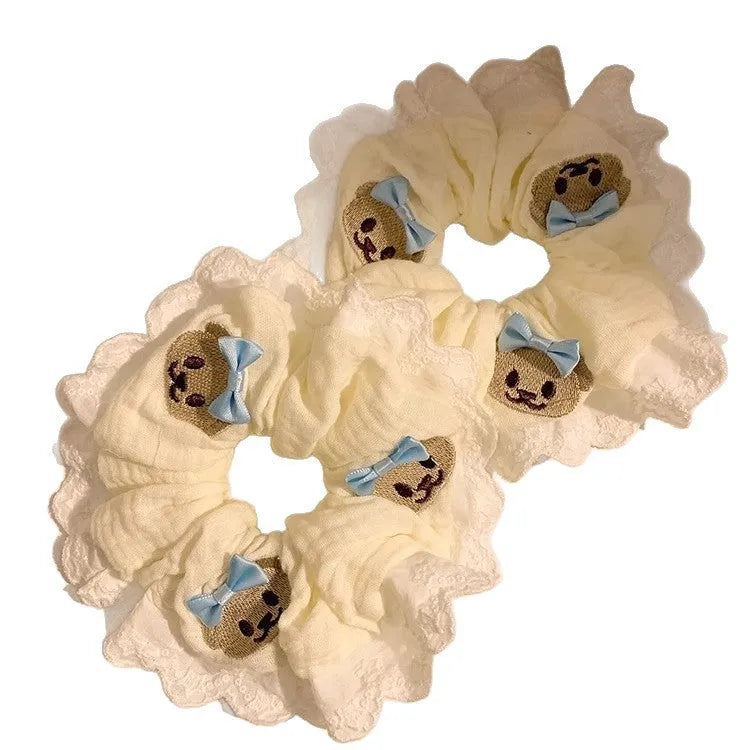 Blue bow lace large intestine hair ring with bear charm decoration, polyester elastic scrunchie for thick hair