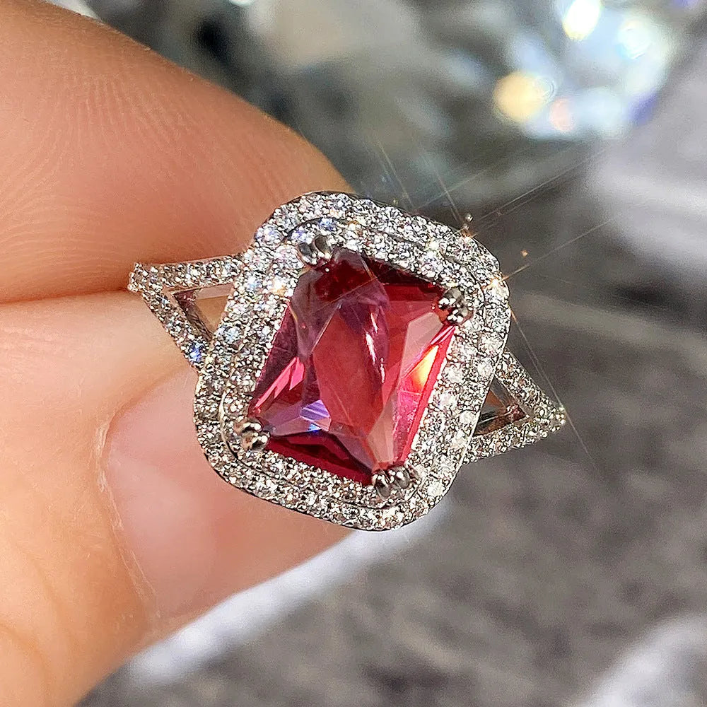 Copper square ring with red rhinestones in geometric princess cut design