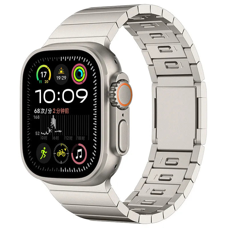 Stainless steel Apple Watch strap with magnetic buckle in silver colour showing business style design
