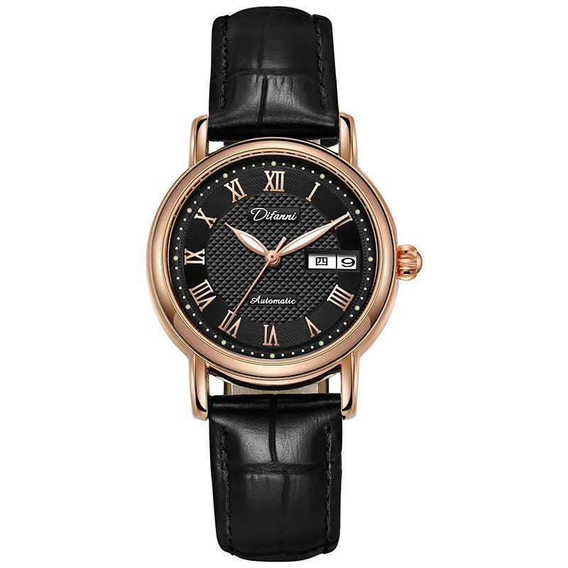 Women's automatic mechanical watch with 12mm thickness showing multiple colour strap and dial options