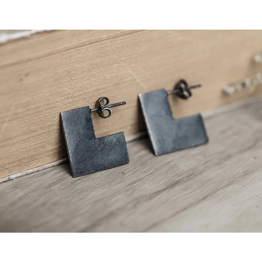 Sterling silver geometric square earrings with oxidised black finish