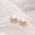 Women's retro geometric fan-shaped earrings with rhinestones on electroplated silver surface