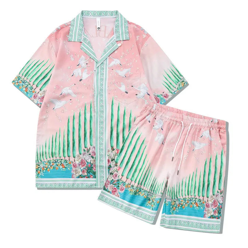 Plaid print beach short sleeve shirt and pants outfit set in European American style