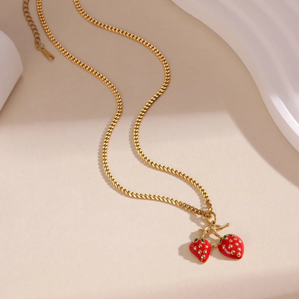 Stainless steel strawberry fruit pendant necklace in red or white gradient colour
