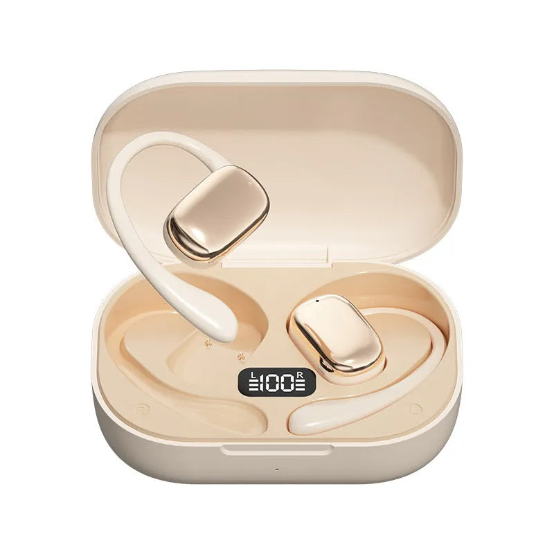 Ear-mounted wireless headphones with digital display screen in skin colour option