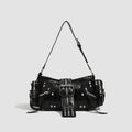 Black dumpling-shaped retro handbag with oil wax PU leather showing three-dimensional pockets and shoulder strap