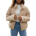 Apricot coloured women's corduroy jacket with stand collar and front zip, showing textured fabric.