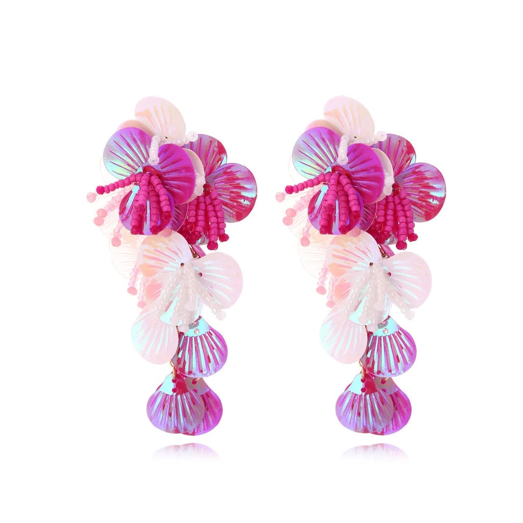 Handmade colourful bead string flower earrings with exaggerated dopamine design