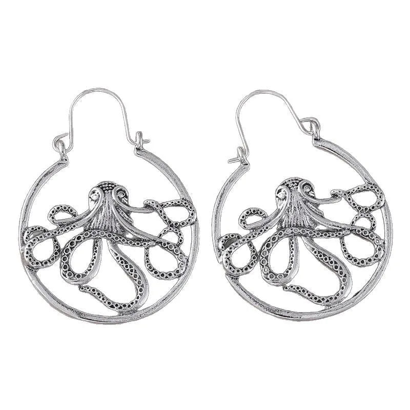 Vintage octopus earrings with antique silver electroplated finish and detailed animal modelling