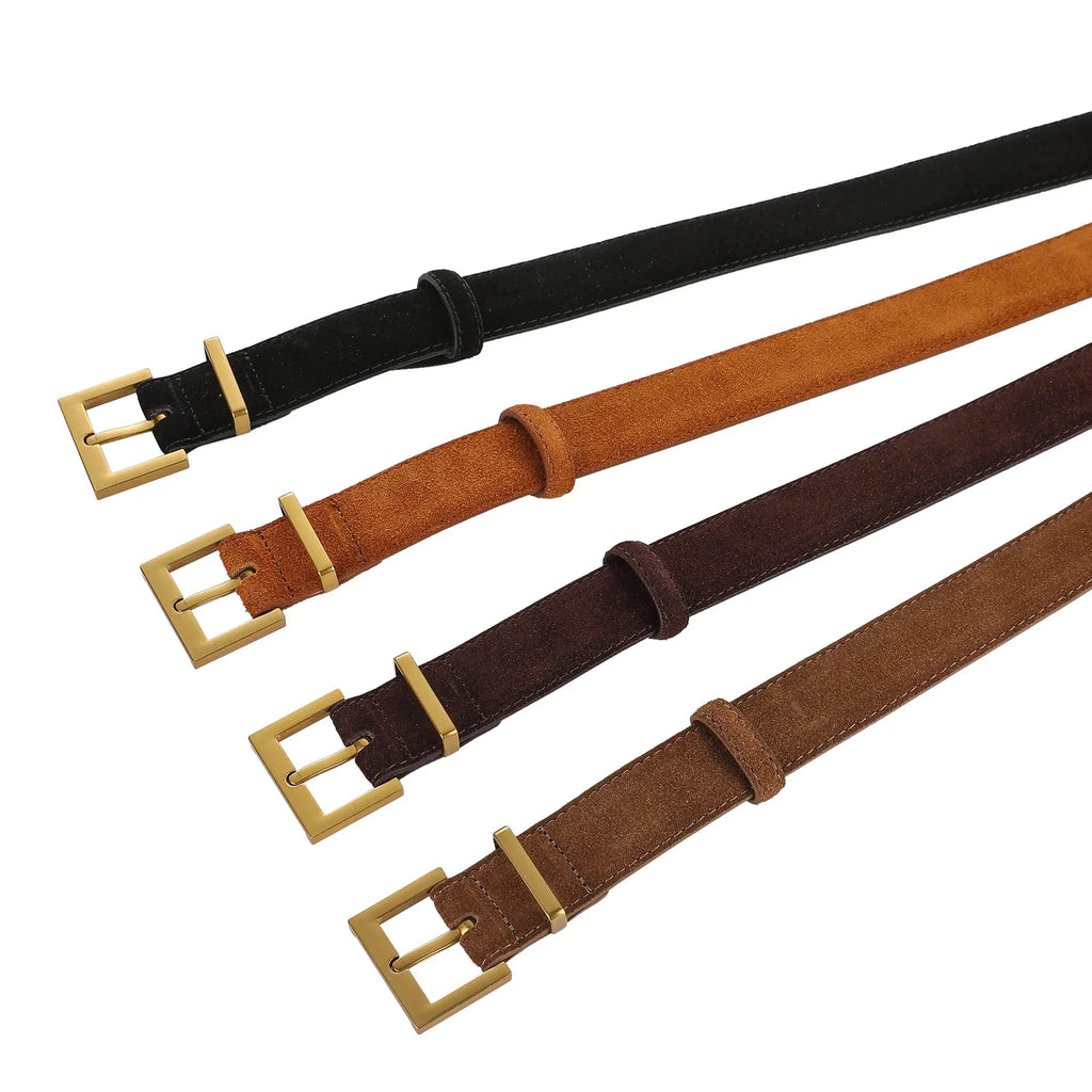 Ladies' genuine leather pin buckle belt with quadrilateral buckle design in black colour
