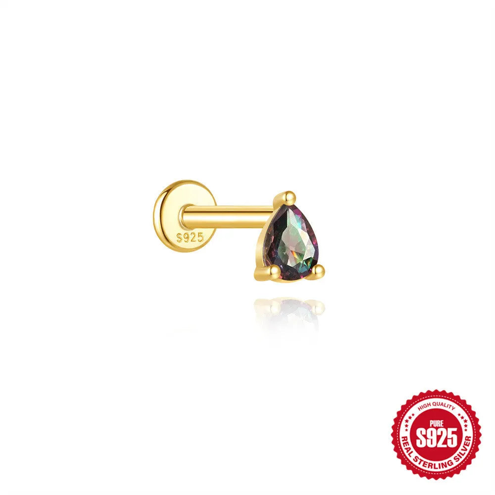 S925 sterling silver flat head thread piercing with a shiny rainbow stone in a gold setting.