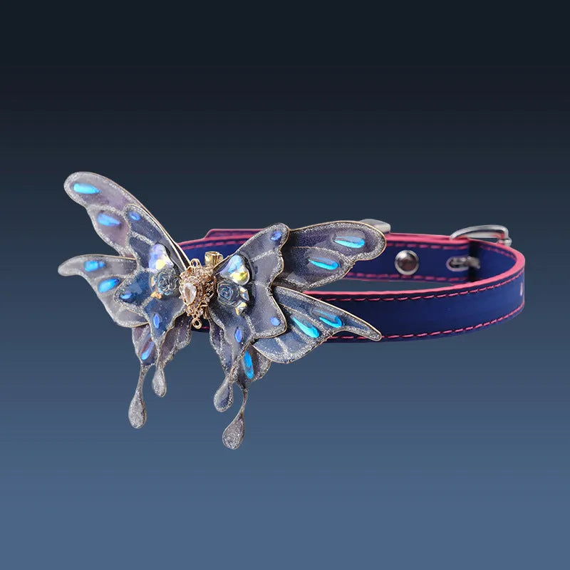 Purple temperature change butterfly rhinestone collar with alloy pendant on PU chain