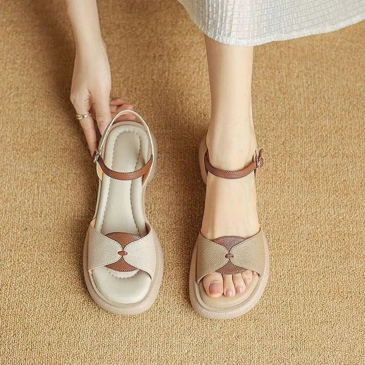 Women's chunky heel platform open toe sandals in renewable leather with rubber soles