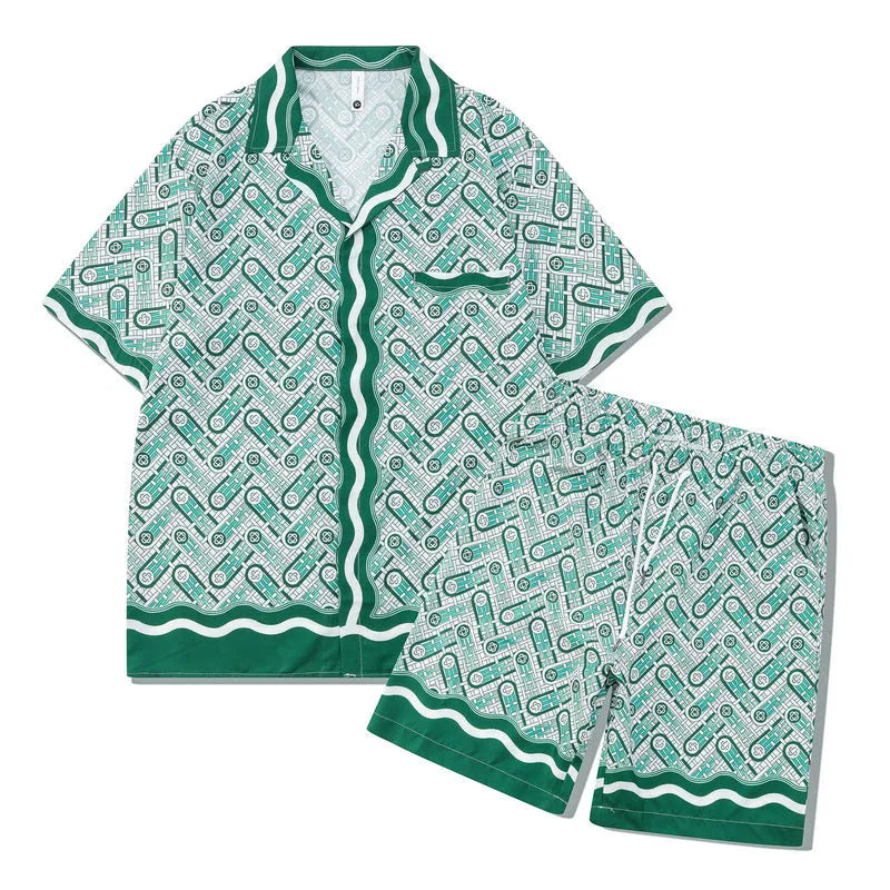 Plaid print beach short sleeve shirt and pants outfit set in European American style