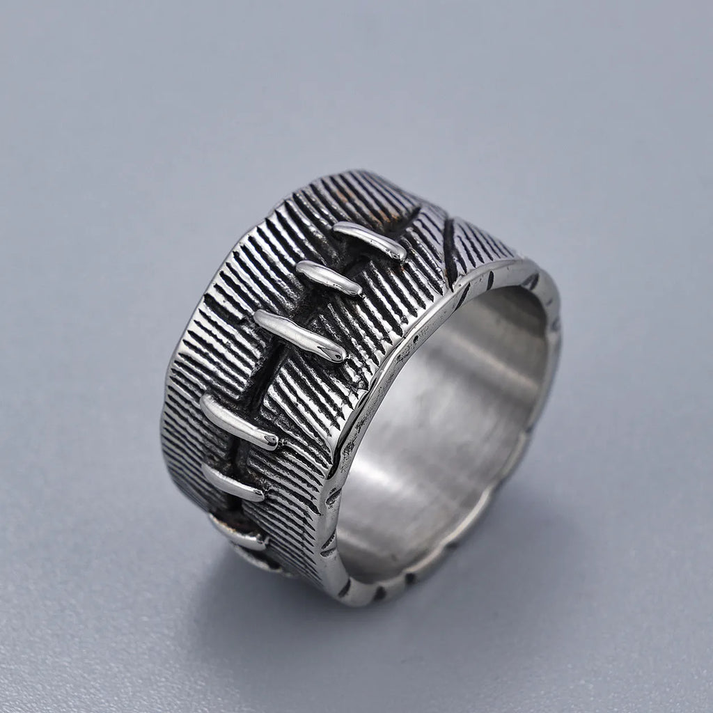 Dark punk style titanium steel ring with stitched geometric U-shape double ring design in retro colour.