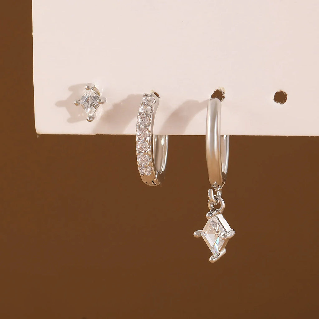 Geometric ladies earring set with three styles featuring zircon stones in gold or white finish