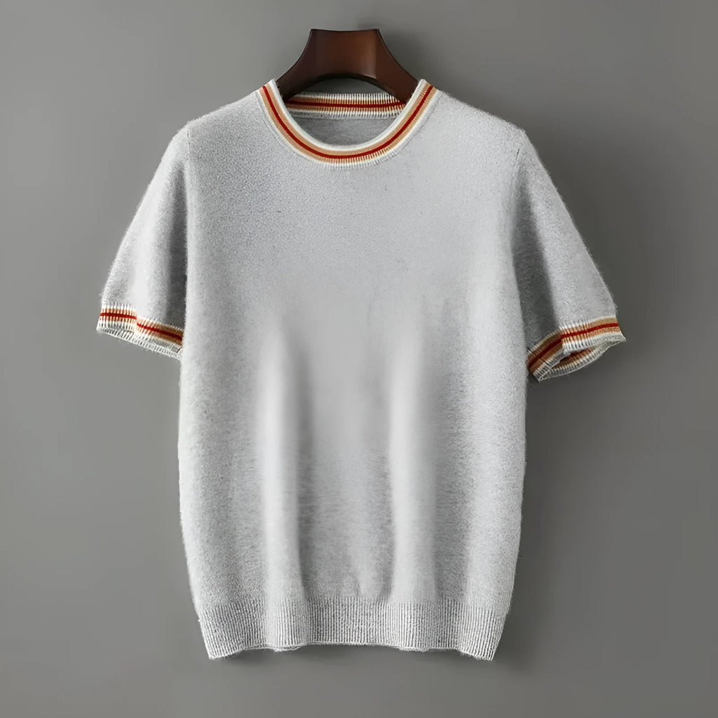 Men's short sleeve pure wool sweater in grey with round neck pullover design