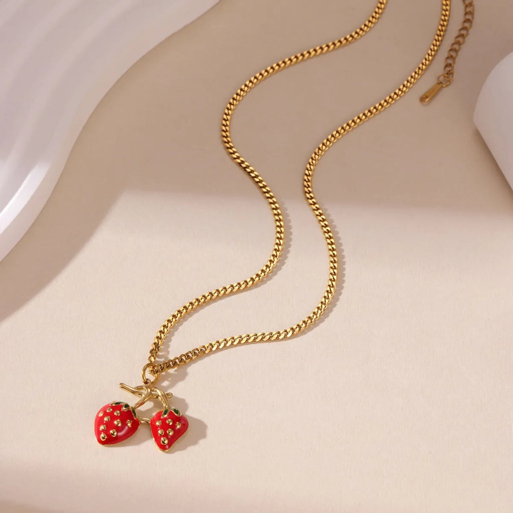 Stainless steel strawberry fruit pendant necklace in red or white gradient colour