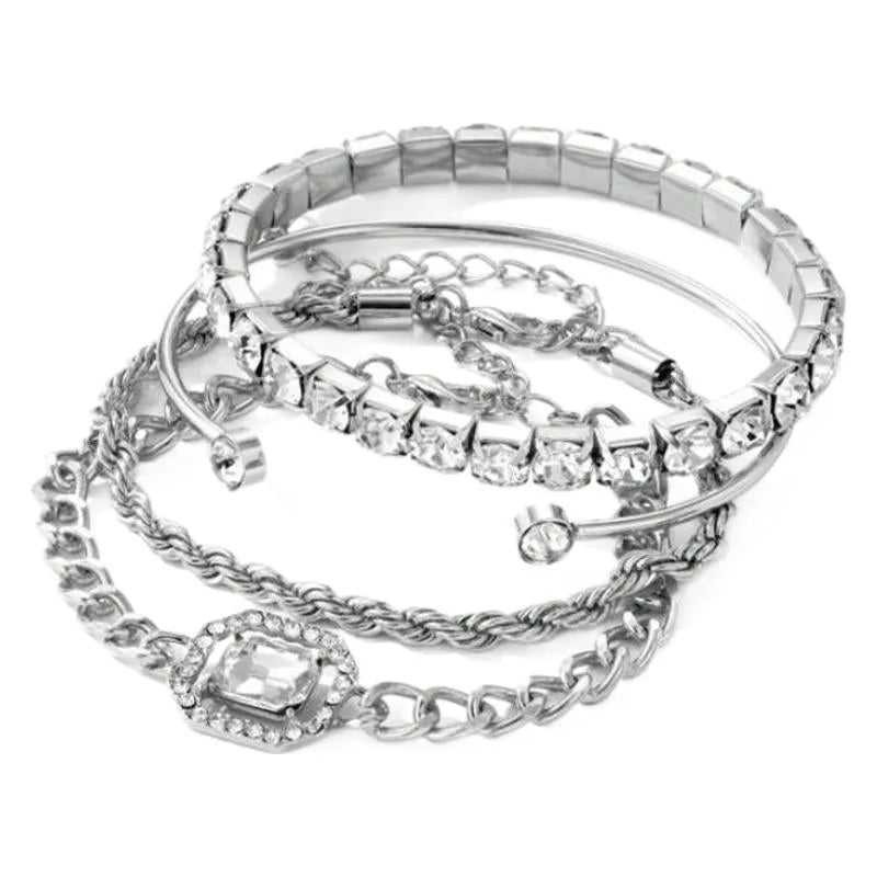 Women's retro geometric alloy jewellery 4-piece set with square diamond designs and chain detailing in gold or silver colour