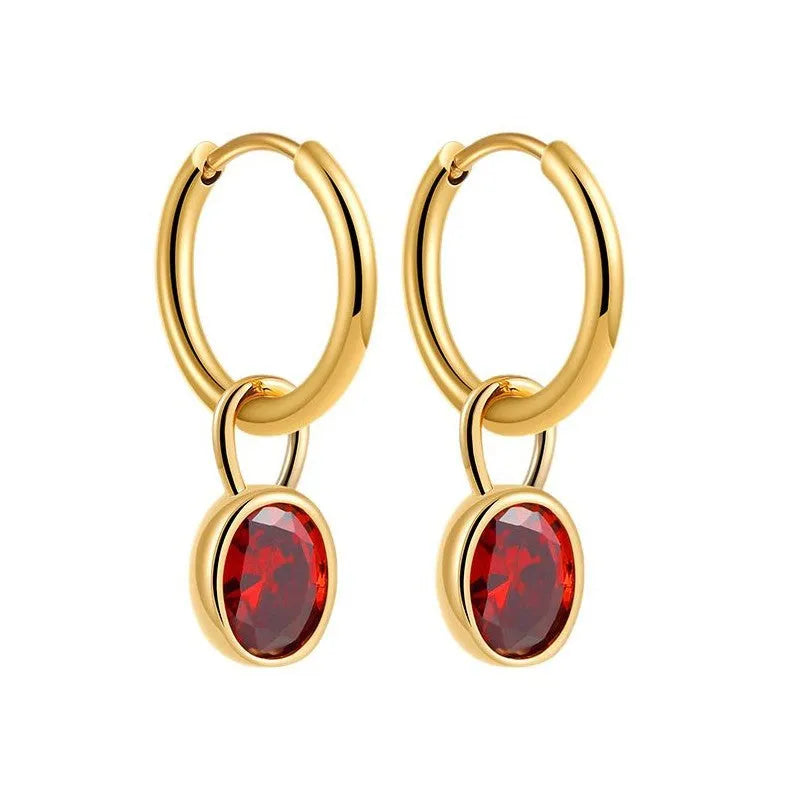 Women's copper drop earrings with oval zircon stone in six colour variations
