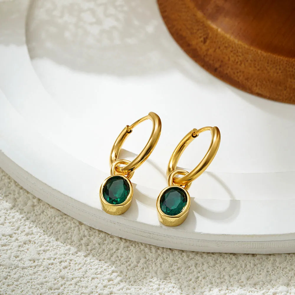 Women's copper drop earrings with oval zircon stone in six colour variations