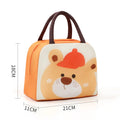 Children's insulated lunch bag with cartoon animal designs including orange bear and green dinosaur patterns