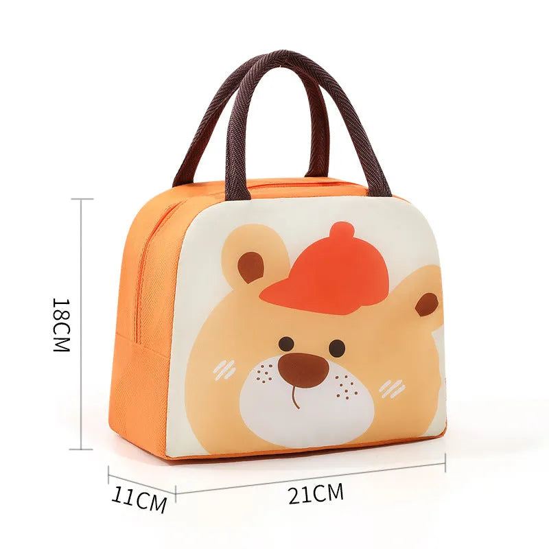 Children's insulated lunch bag with cartoon animal designs including orange bear and green dinosaur patterns