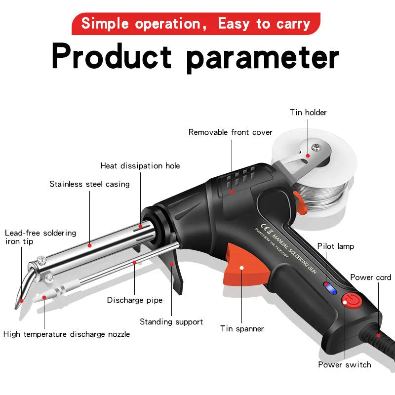 Black G102 alloy soldering gun with LED light, medium standard size 205x170mm