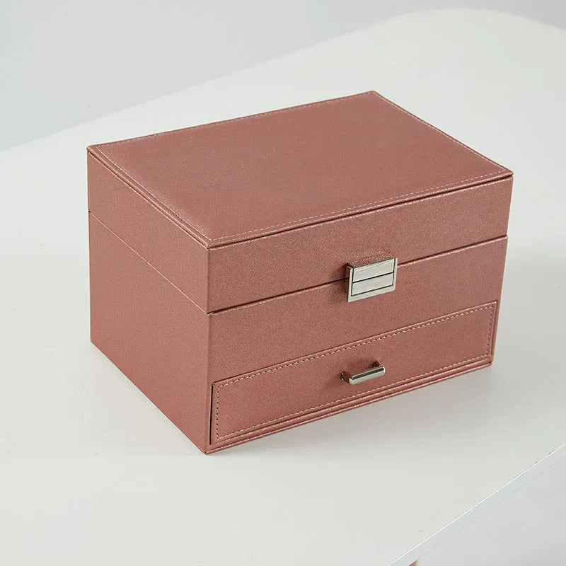 Hard case PU leather jewelry storage box in black, pink, rose gold, or beige