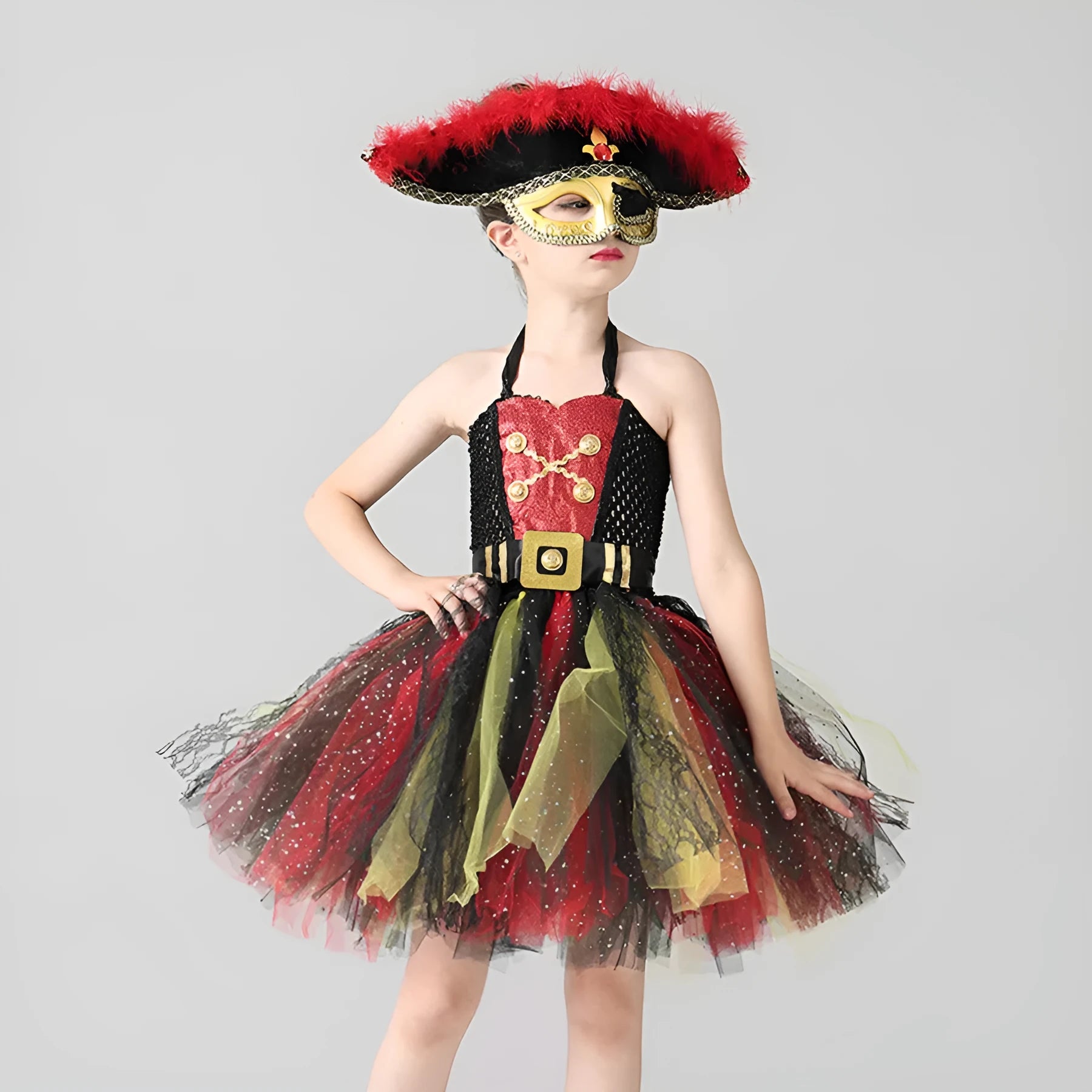 Girls Pirates of the Caribbean costume dress with sequins and gauze mesh detailing, sleeveless design