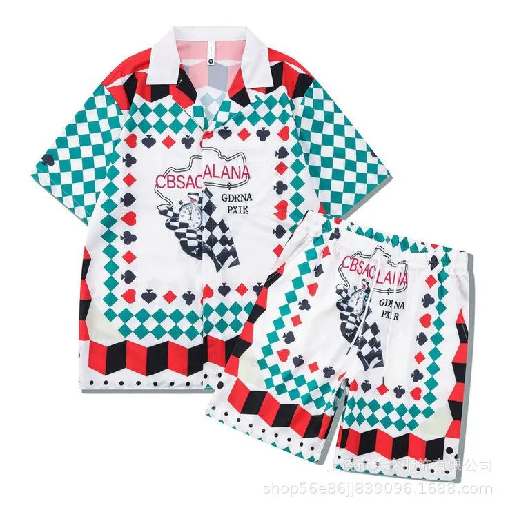 Plaid print beach short sleeve shirt and pants outfit set in European American style
